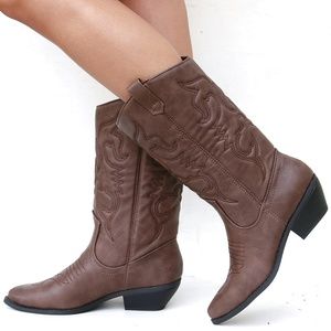 New Tan Brown Western Cowboy Mid-Calf Boots